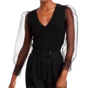 NWT Aqua Black Transparent Puff Sleeve Knit V Neck Blouse Size Small